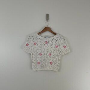 Zara Floral Embroidered Cap Sleeve Crop Knit Sweater Size Medium